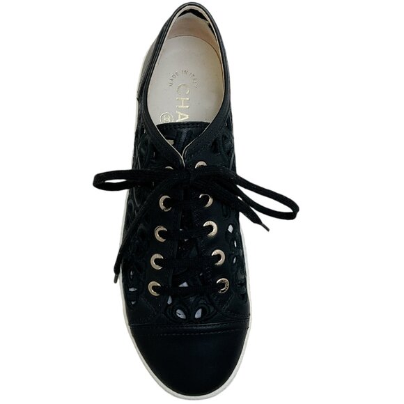 Chanel Black Leather Floral Eyelet Sneakers - Picture 4 of 6